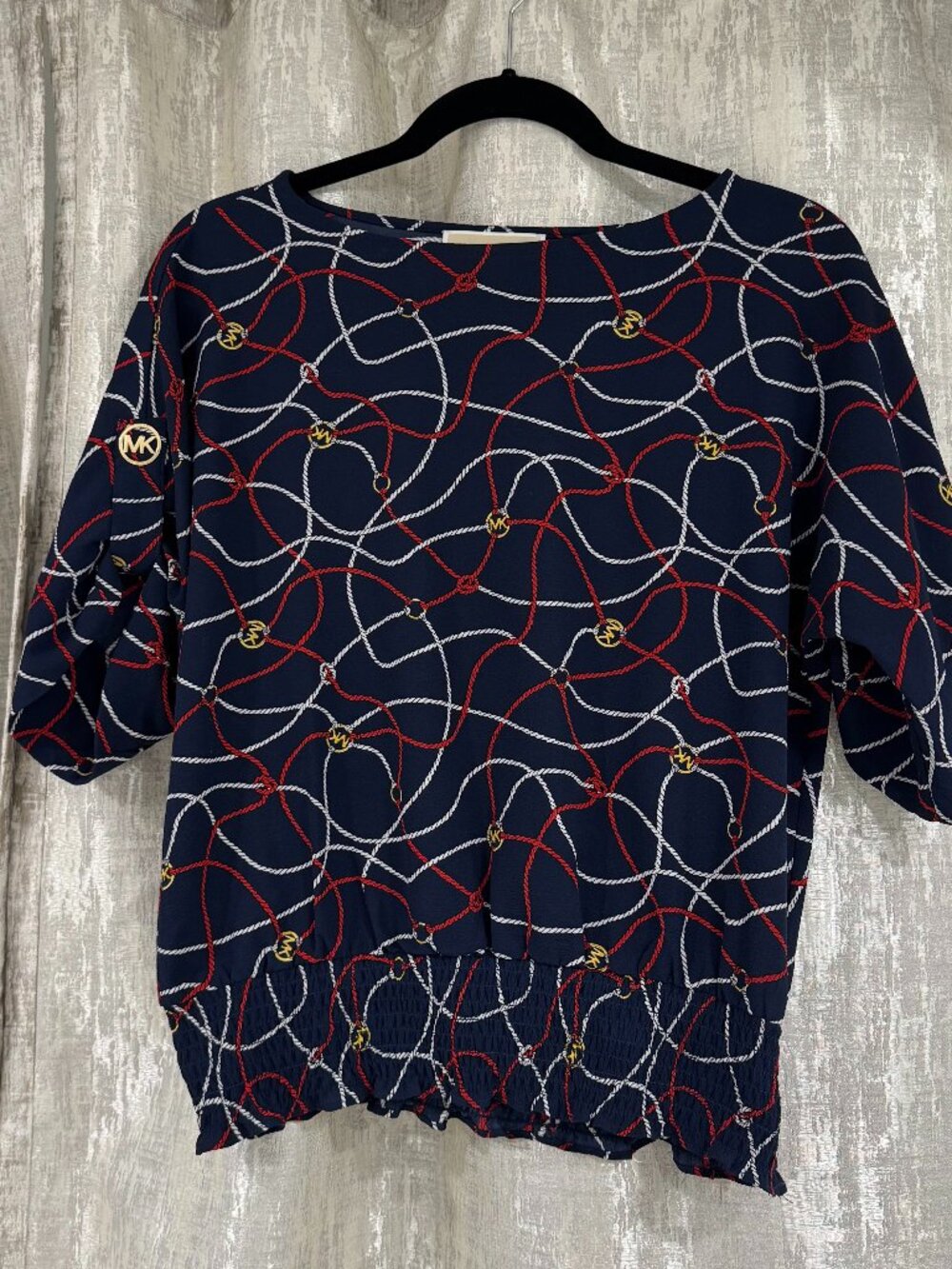 Michael Kors navy blue nautical print, short sleeve pullover blouse, sz small